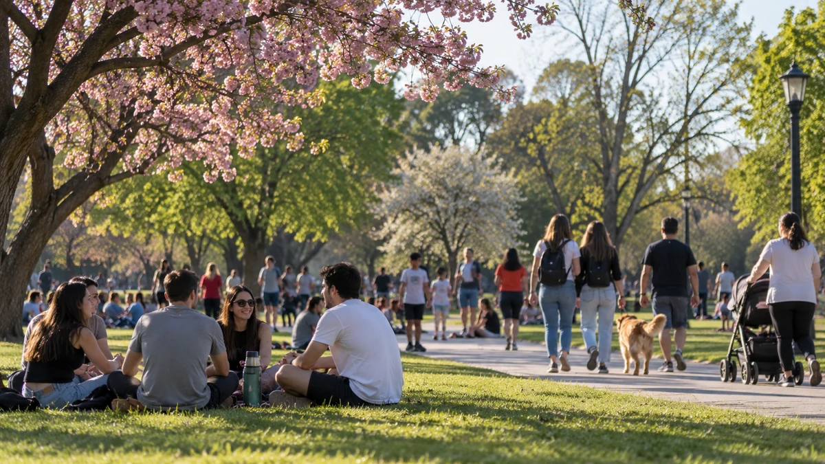 Aunque se festeja hoy, la primavera 2026 todavía no empezó: la hora exacta del cambio de estación 2 Personas disfrutan de una tarde soleada en un parque con árboles en flor