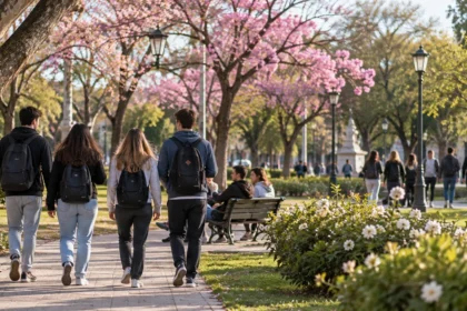 Jóvenes caminan por un parque con árboles florecidos durante una jornada de primavera