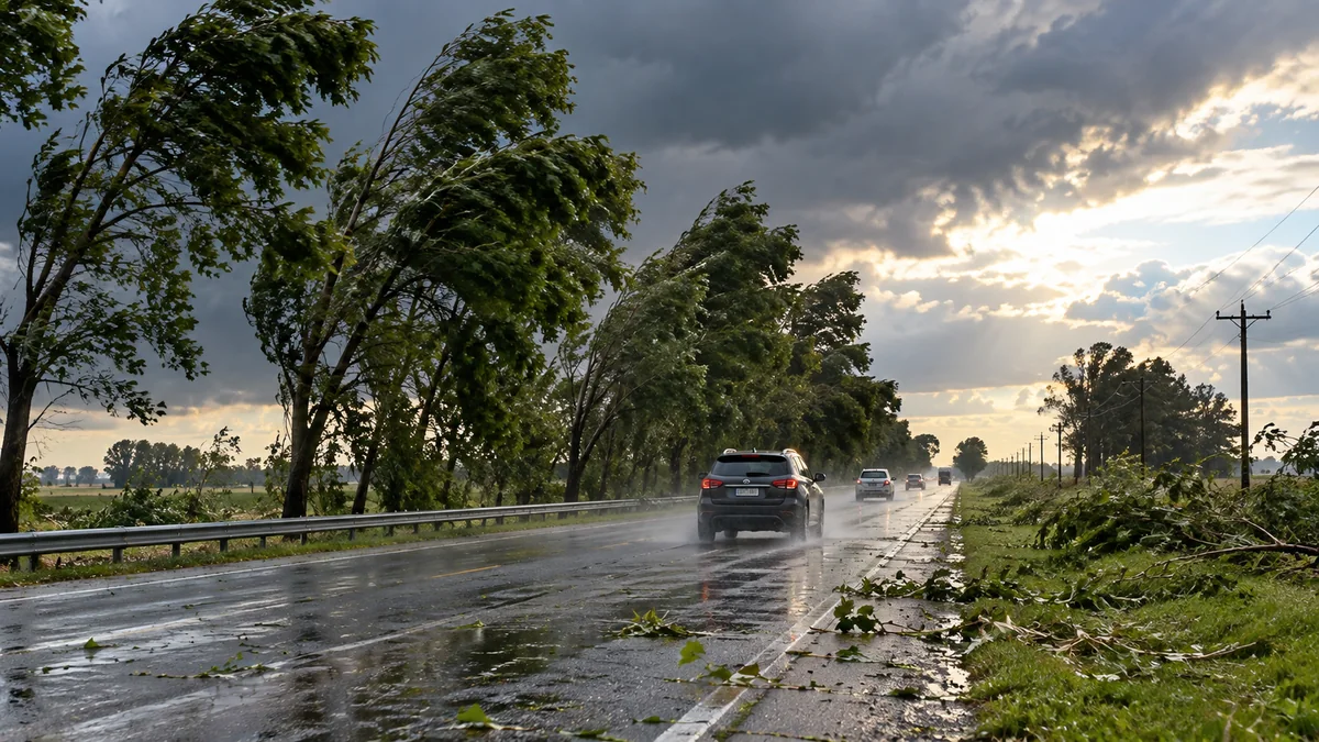 Árboles inclinados por el viento junto a una ruta mojada de la provincia de buenos aires