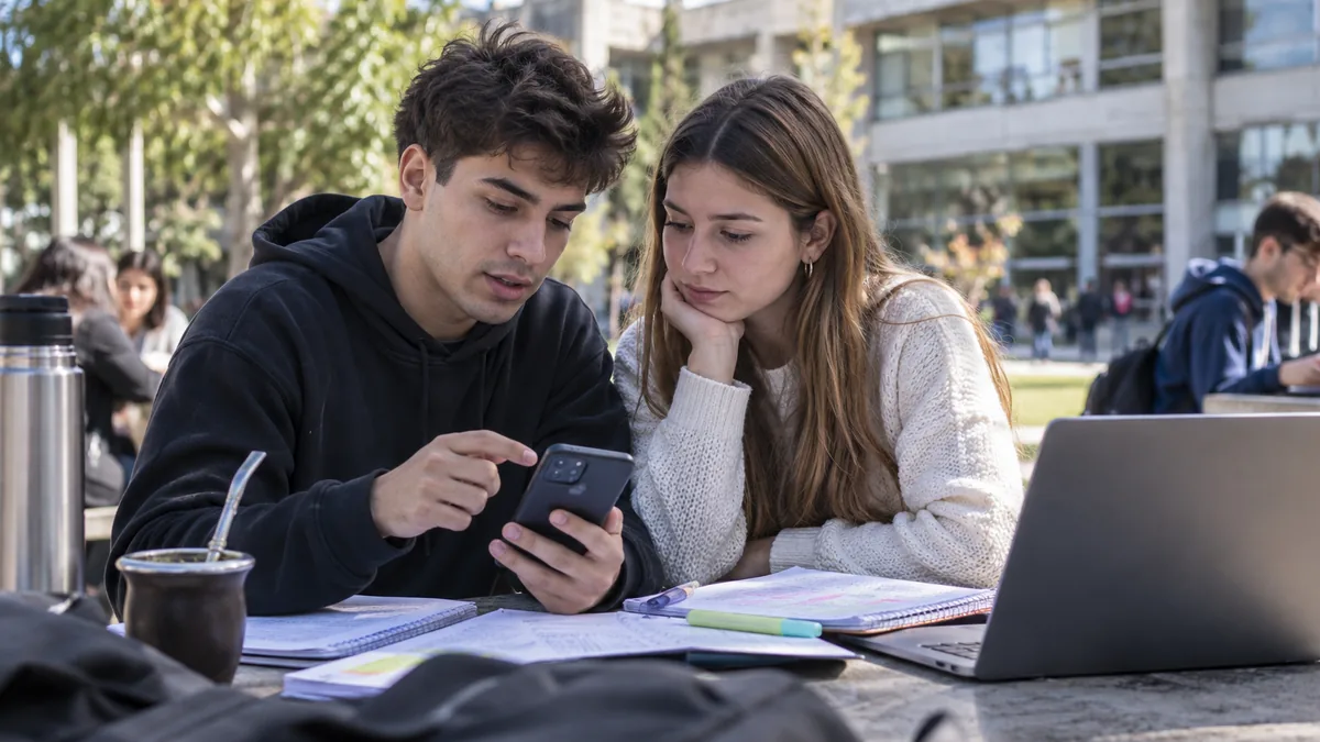 Becas progresar: cómo sigue el cronograma de anses desde este lunes 2 Dos estudiantes universitarios revisando información desde un celular en el campus