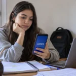 Estudiante consultando anses desde el celular mientras estudia en su casa