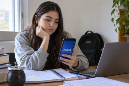 Estudiante consultando anses desde el celular mientras estudia en su casa