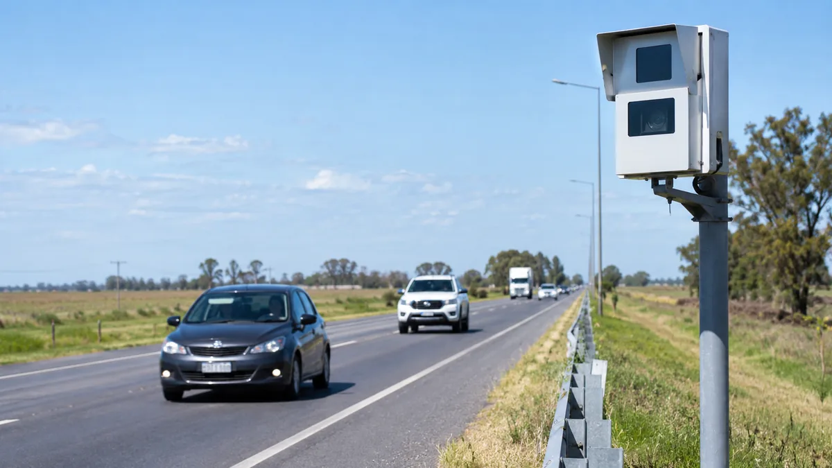 Cámara de velocidad instalada al costado de una ruta con autos circulando