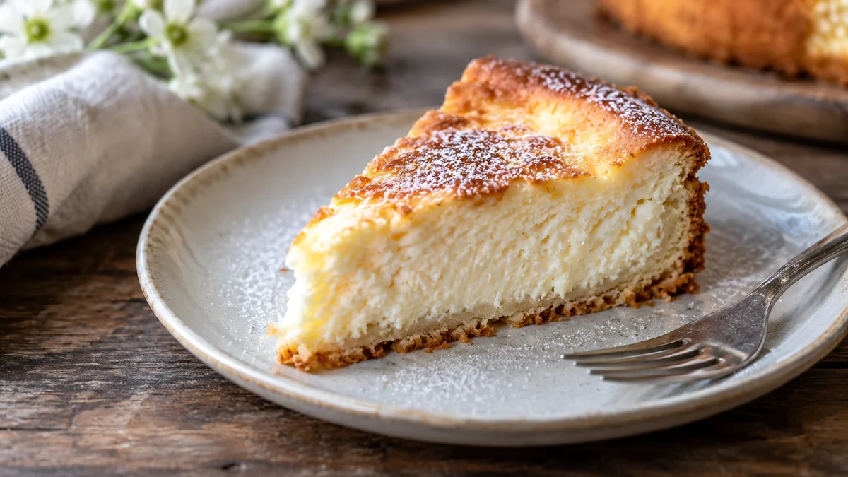 Torta de ricota sin azúcar cortada sobre una mesa de madera con una porción servida al fondo