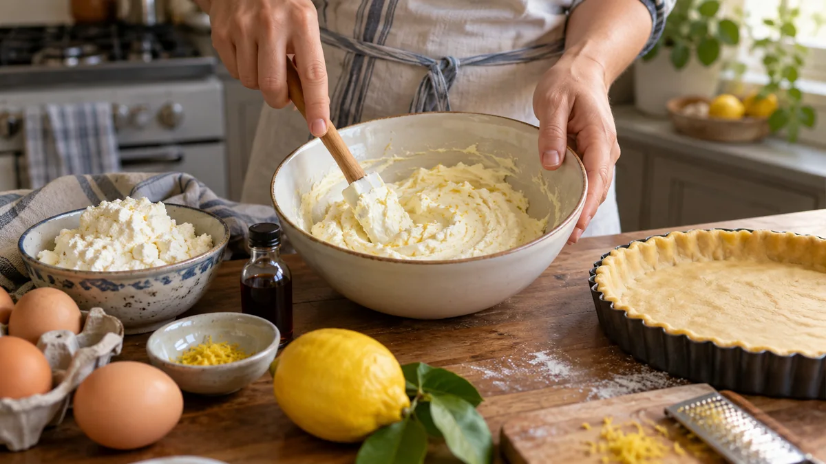 Persona mezclando el relleno de ricota y limón junto a una base de tarta lista para hornear