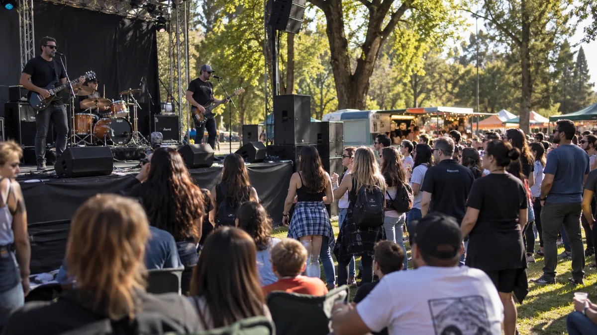 Confirmado: una localidad bonaerense tendrá un festival gratuito con más de 20 bandas 2 Público y banda de rock durante un festival al aire libre en un parque de la provincia de buenos aires