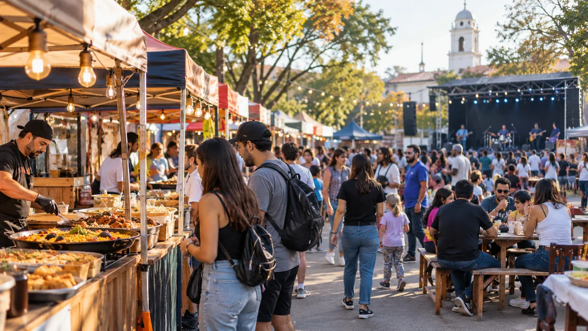 El conurbano tendrá dos días de gastronomía del mundo, música y entrada gratis 2 Familias recorriendo puestos de comida junto a un escenario en una feria bonaerense