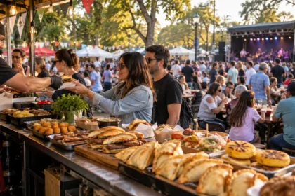 Puesto de comidas y público en un festival gastronómico al aire libre en la provincia de buenos aires