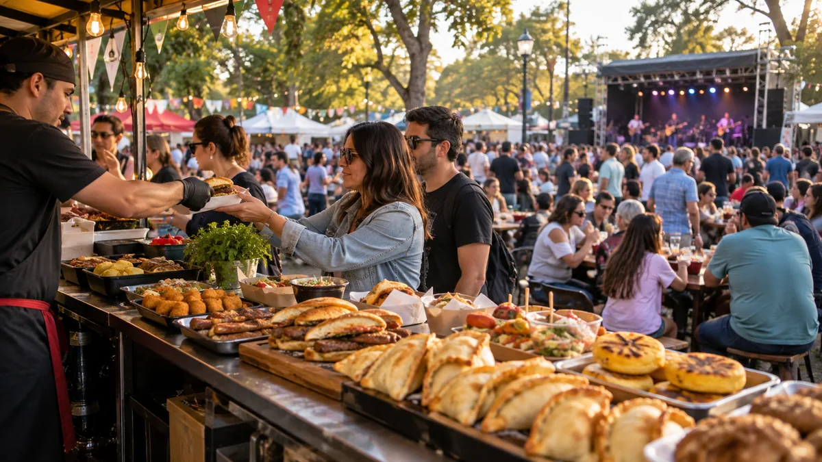 Una localidad bonaerense cumple 130 años y lo festeja con baile, fogón y torta gigante gratis 2 Puesto de comidas y público en un festival gastronómico al aire libre en la provincia de buenos aires