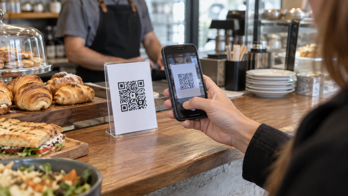 Este domingo se puede recuperar hasta $8. 000 en una salida a comer y hay un detalle que muchos pasan por alto 2 Cliente paga con el celular en una cafetería frente a un código qr sobre el mostrador