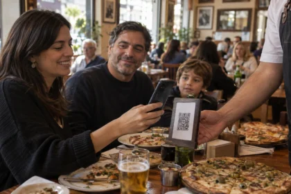 Familia paga con celular una comida en un restaurante mientras aprovecha una promoción gastronómica