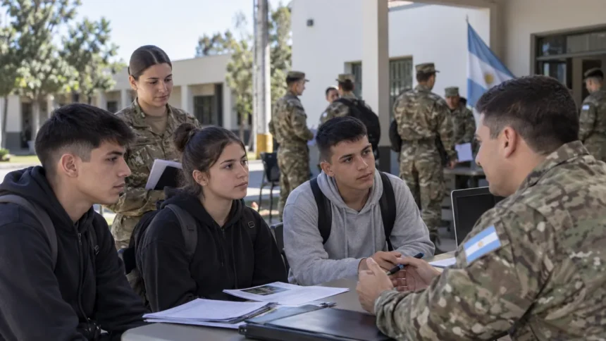 Jóvenes recibiendo información para incorporarse como soldados voluntarios en argentina