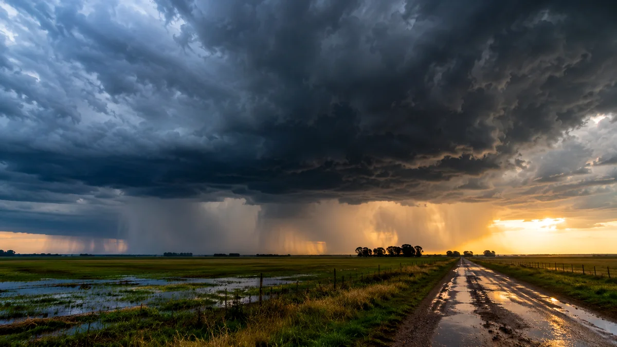 “súper niño” 2026: el smn ya da 100% de probabilidad y anticipa una primavera distinta en la provincia 2 Frente de tormenta avanzando sobre campos y un camino rural de la provincia de buenos aires
