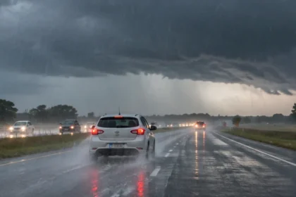 Auto circulando por una ruta bonaerense mojada bajo una tormenta intensa
