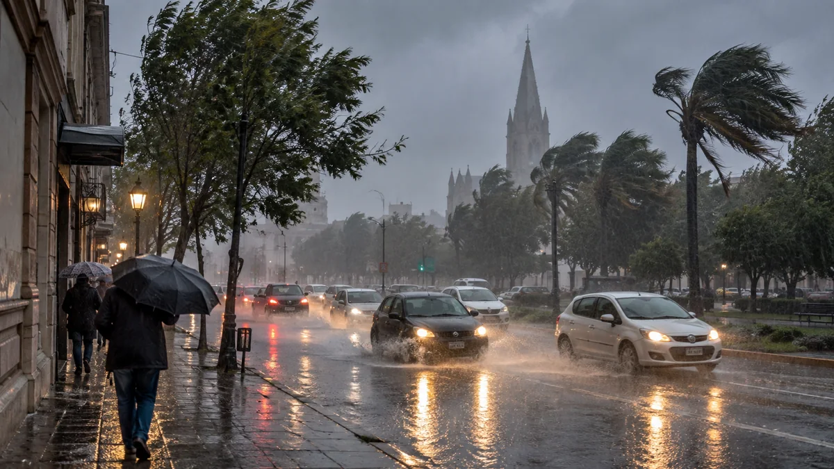 Fin de semana en la provincia: el sábado llega con calor, pero el domingo vuelven las tormentas 2 Autos y peatones bajo lluvia intensa y viento en una avenida de la provincia de buenos aires