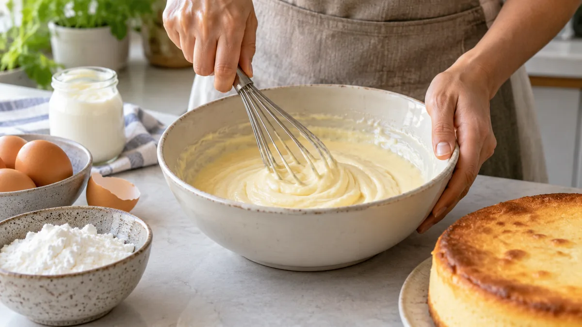 Mezcla de torta de yogur sin harina preparada en un bowl