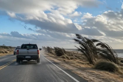 Camioneta circulando por una ruta bonaerense durante una jornada de viento fuerte