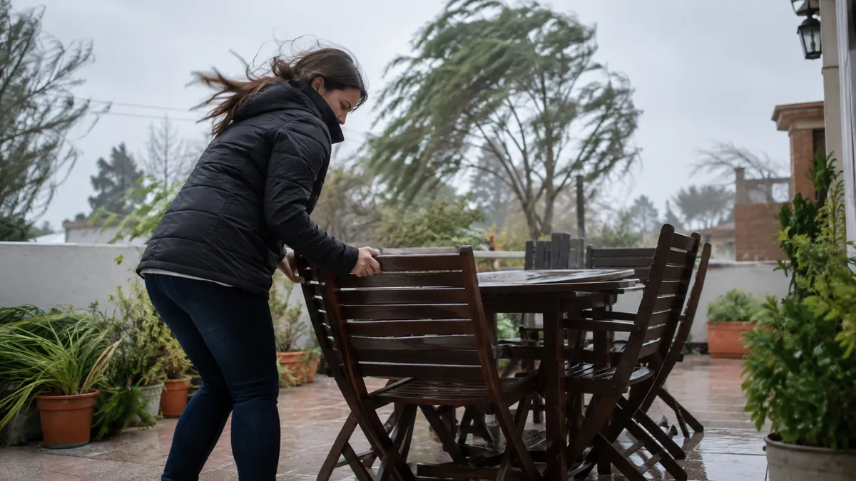 Día del estudiante bajo alerta: el viento puede superar los 70 km/h en la provincia 2 Mujer asegura muebles de patio ante la llegada de ráfagas fuertes