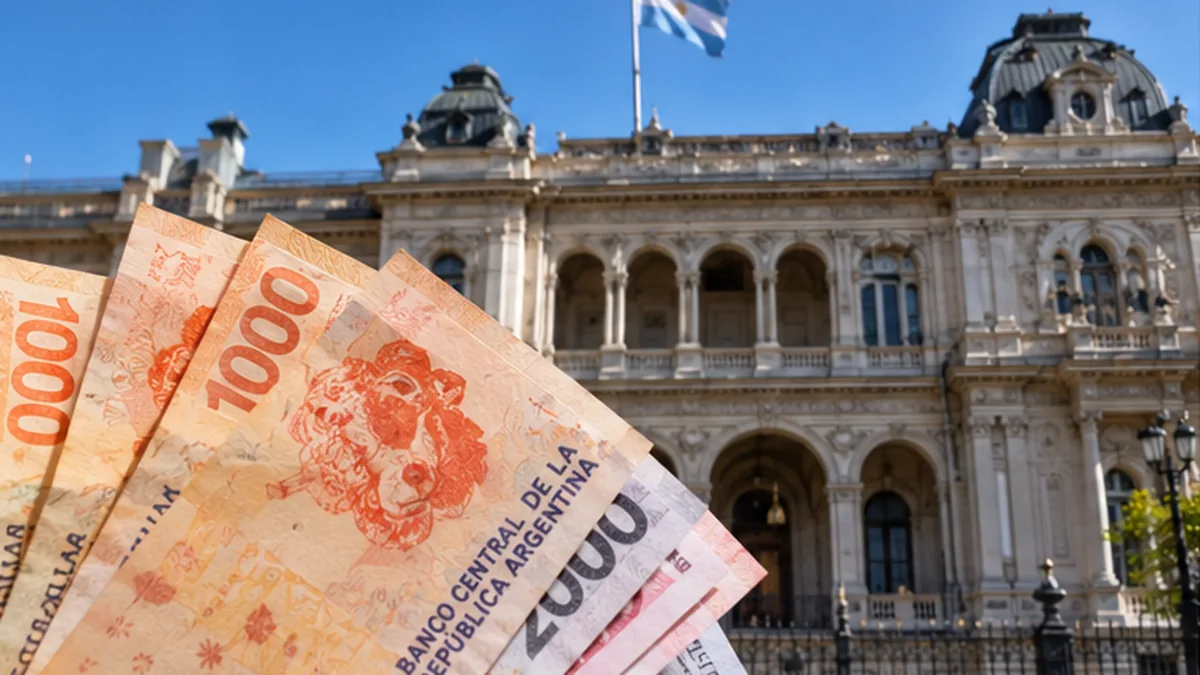 Billetes argentinos frente a un edificio público provincial