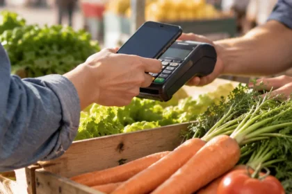Persona paga con el teléfono en un puesto de frutas y verduras de una feria de cercanía