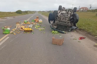Caos en la ruta 11: un violento choque y vuelco dejó heridos y un carril cubierto de frutas y verduras