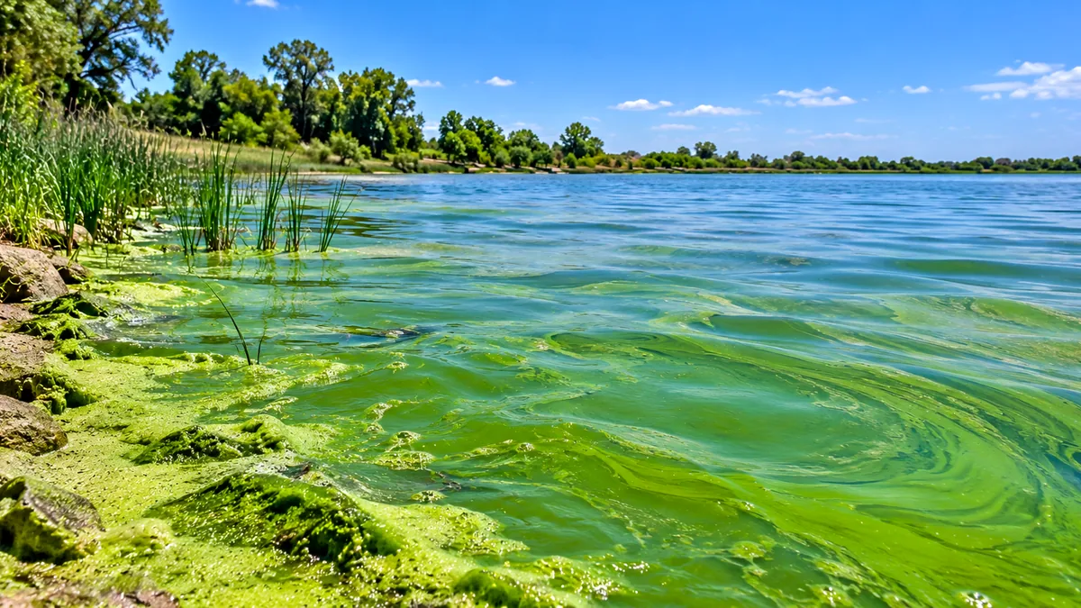 Alerta por cianobacterias en 11 municipios bonaerenses: cuáles son las zonas bajo advertencia 2 Laguna bonaerense con proliferación de algas verdes junto a la costa (fotografía temática)