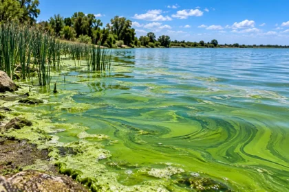 Laguna bonaerense con proliferación de algas verdes junto a la costa