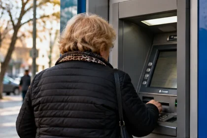 Adulto mayor frente a un cajero automático en una ciudad argentina