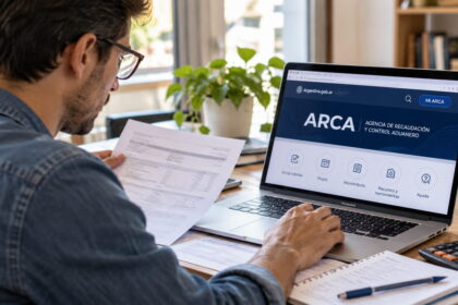 Contribuyente revisa documentación impositiva en una computadora con el portal de arca en pantalla