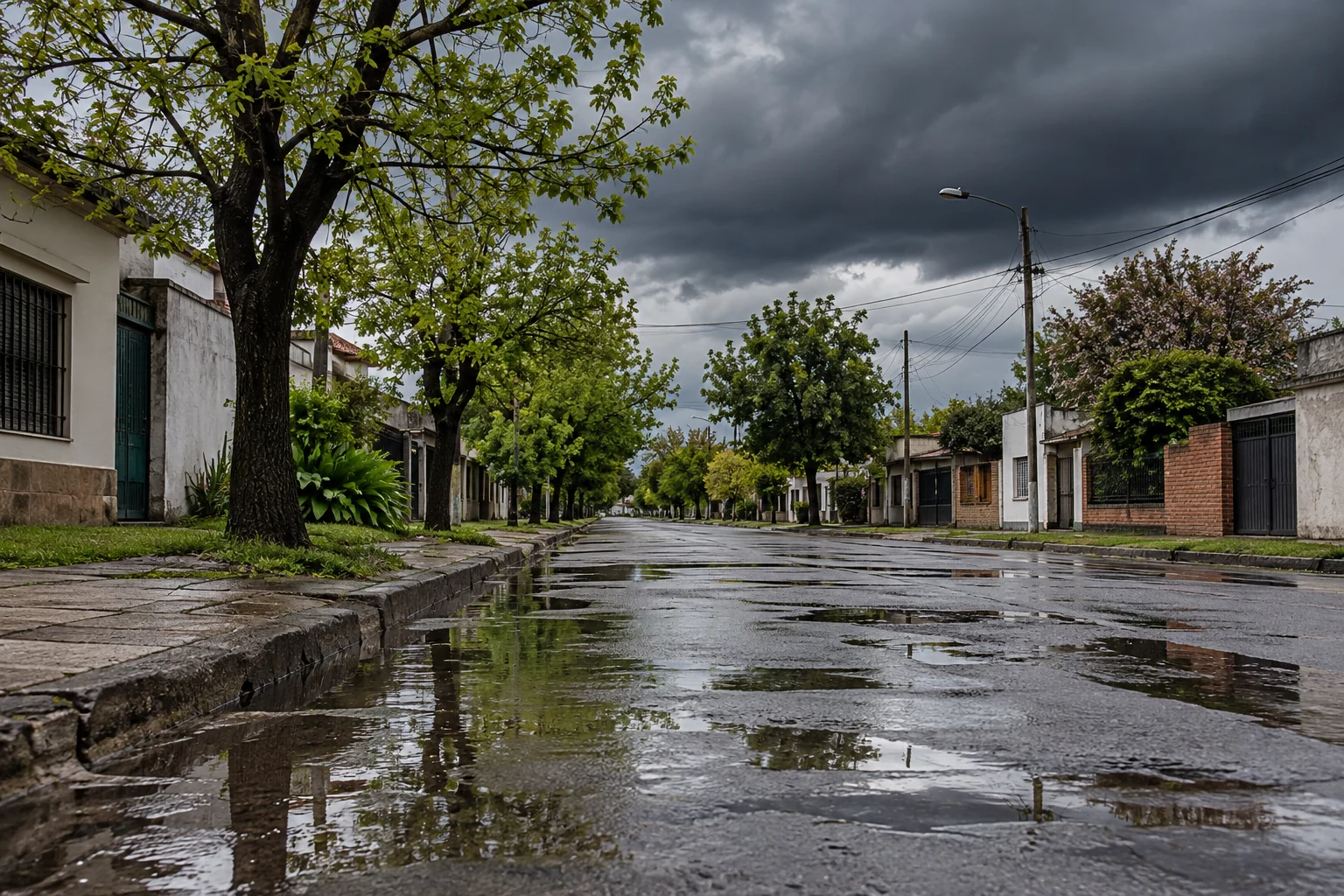 Alerta amarilla y naranja para el miércoles en la provincia: qué zonas están alcanzadas 2 Calle residencial con charcos y cielo de lluvia