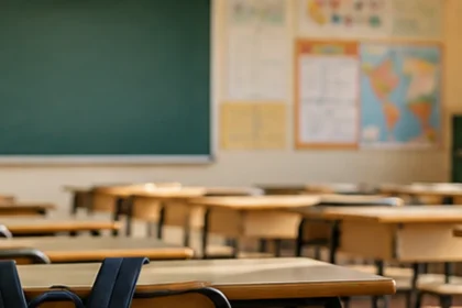 Aula escolar vacía con bancos y mochila en una escuela argentina