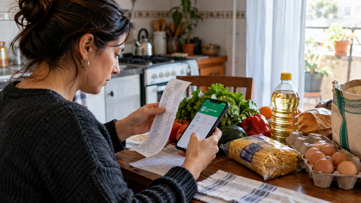 Cuenta dni sumó un descuento sin tope: qué cambia al pagar en dos supermercados 2 Compra de supermercado y consulta de cuenta dni en una cocina