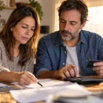 Pareja revisando gastos y una tarjeta bancaria en su casa