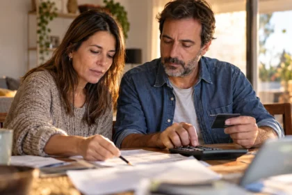 Pareja revisando gastos y una tarjeta bancaria en su casa