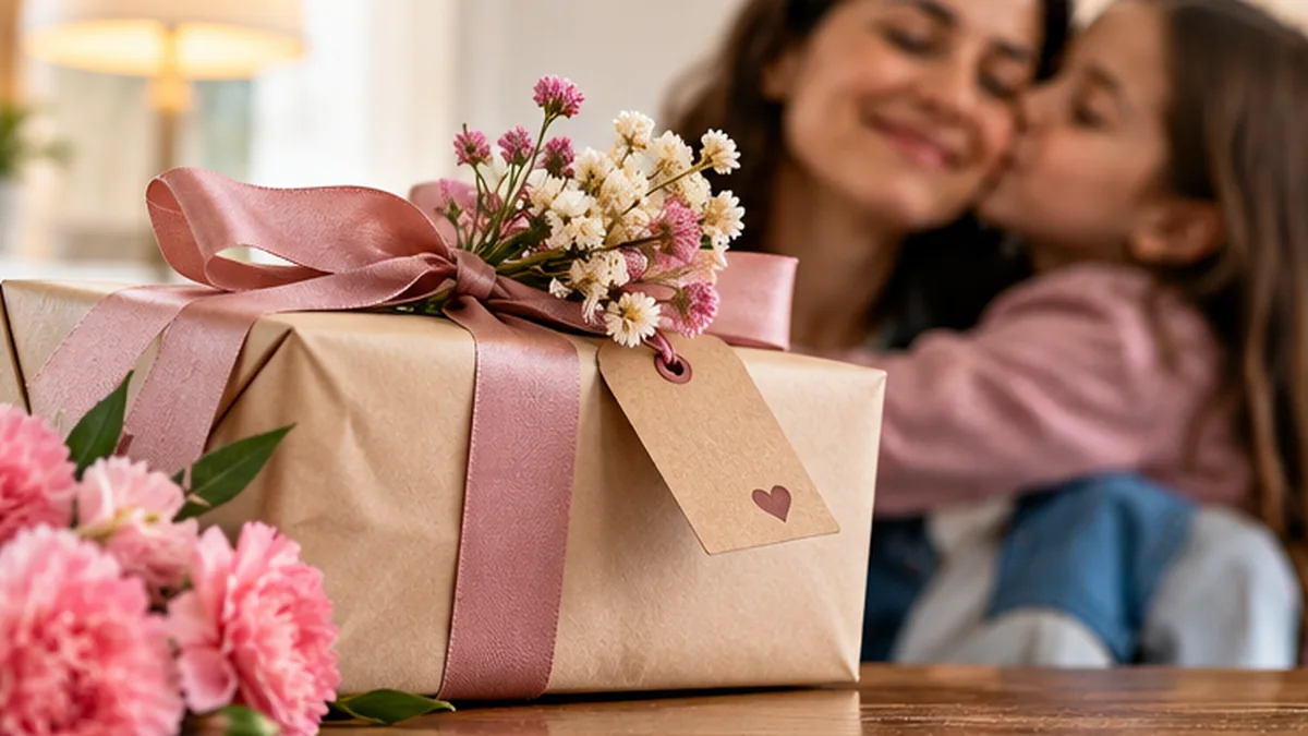 Regalo envuelto en primer plano y madre con su hija al fondo