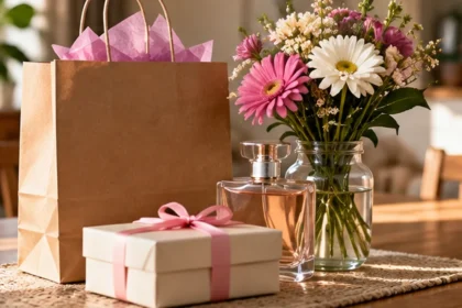 Caja de regalo con flores sobre una mesa