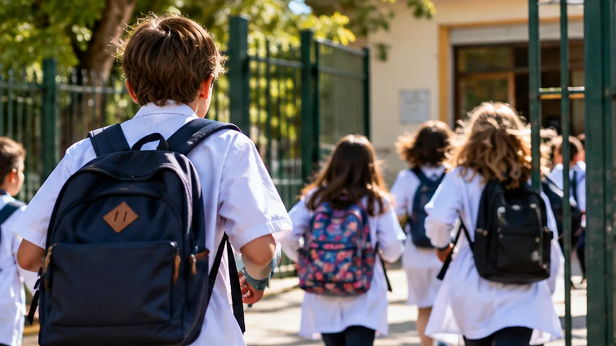 Estudiantes con mochilas ingresan a la escuela