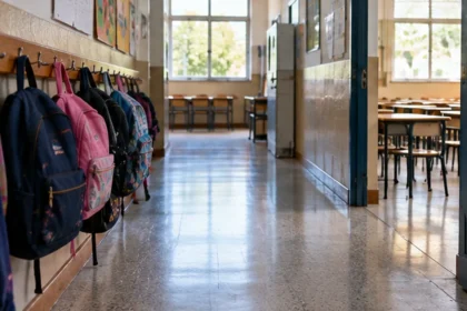 Pasillo de escuela de la provincia con mochilas colgadas