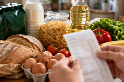 Alimentos de uso cotidiano y comprobante de compra en una mesa