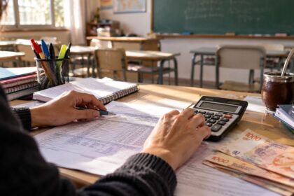 Persona revisa una liquidación salarial con calculadora, billetes y mate en un escritorio de escuela bonaerense