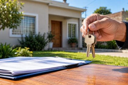 Mano que sostiene llaves frente a una vivienda, junto a una carpeta con documentación