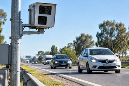 Radar de control de velocidad junto a una ruta argentina transitada, fotografía ilustrativa