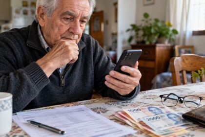 Jubilado bonaerense consulta sus haberes en un teléfono celular en su casa