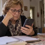 Adulta mayor consultando su celular junto a una libreta en su casa