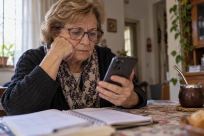 Adulta mayor consultando su celular junto a una libreta en su casa