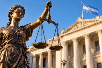 Símbolo de la justicia ante un edificio judicial de estilo clásico