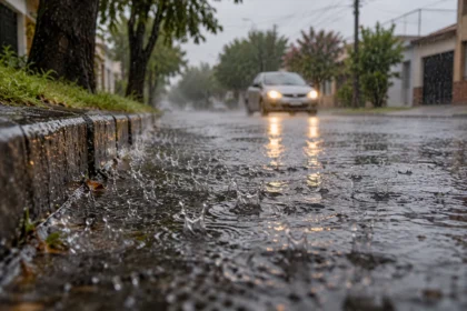 Lluvia sobre el pavimento y un automóvil al fondo
