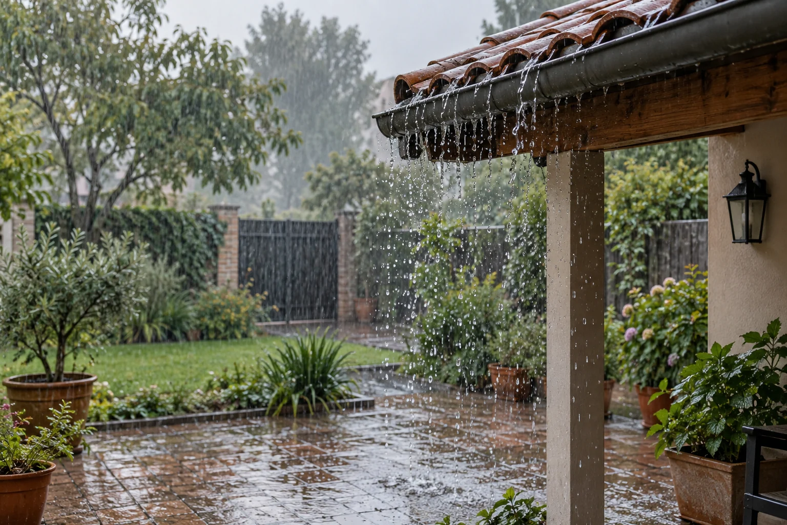 Alerta naranja en el norte y oeste bonaerense: en qué franjas se esperan las tormentas 2 Lluvia en un patio residencial vista desde un lugar cubierto