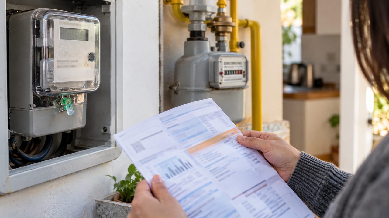 Boleta de servicios frente a medidores de electricidad y gas en una vivienda