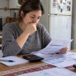 Mujer revisando boletas y cuentas del hogar en la mesa de su casa